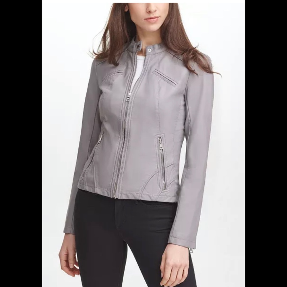 NWT GUESS WOMEN’S FAUX LEATHER MOTO JACKET | GREY | SIZE MEDIUM